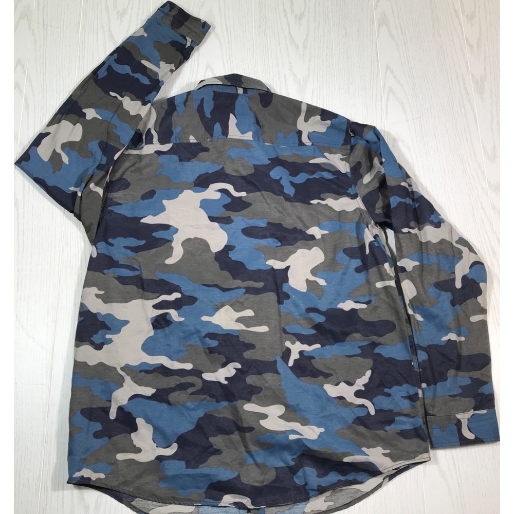 PJ Mark Camouflage Shirt Men 2XL Blue Gray Button Up Pockets Cotton Military